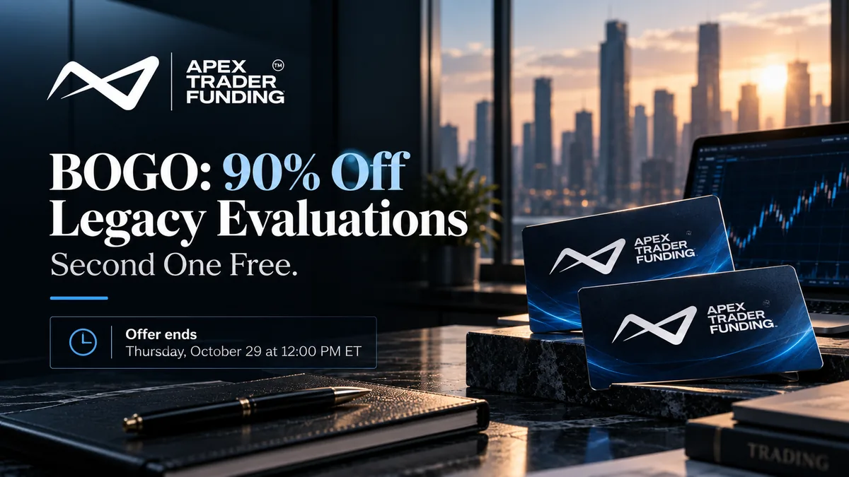 Apex Trader Funding BOGO: 90% off Legacy evaluations with a free second evaluation, ending Thursday October 29 at 12:00 PM ET