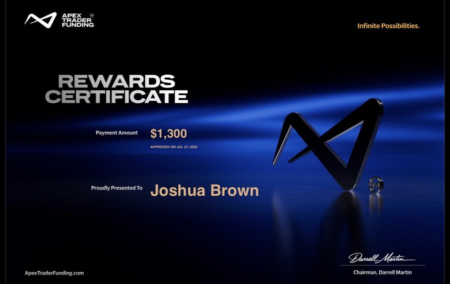 Apex Trader Funding rewards certificate, $1,300 payout