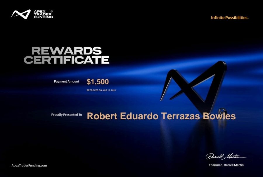 Apex Trader Funding rewards certificate, $1,500 payout