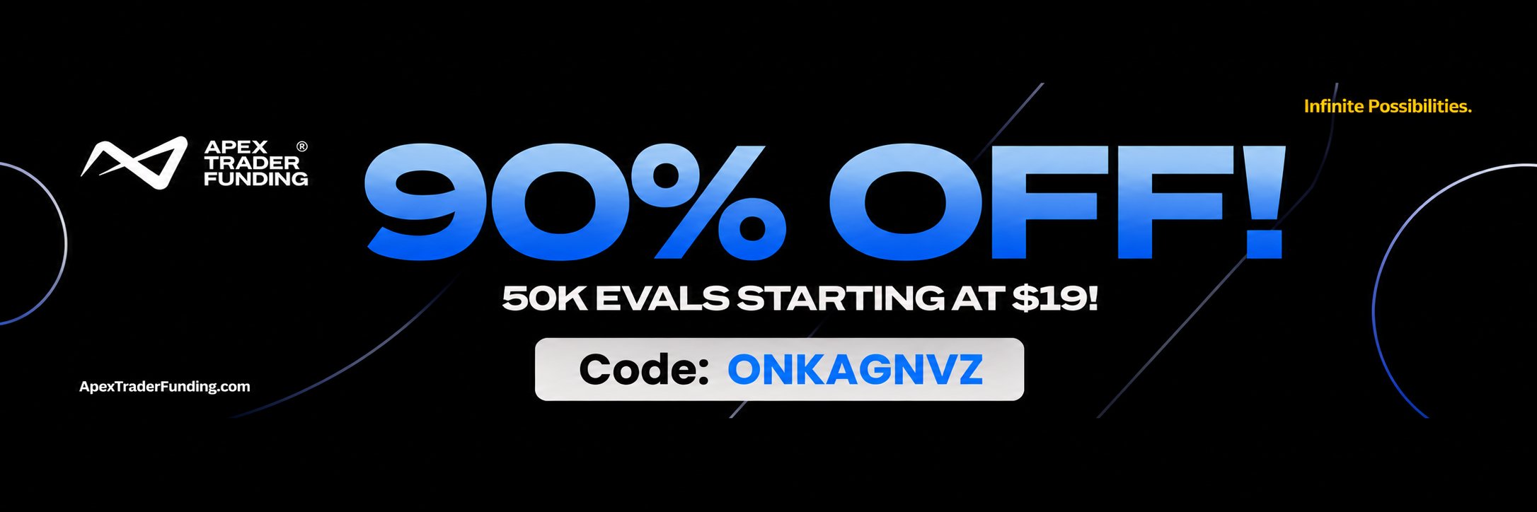 Apex Trader Funding 90% OFF, 50K evals starting at $19, code ONKAGNVZ