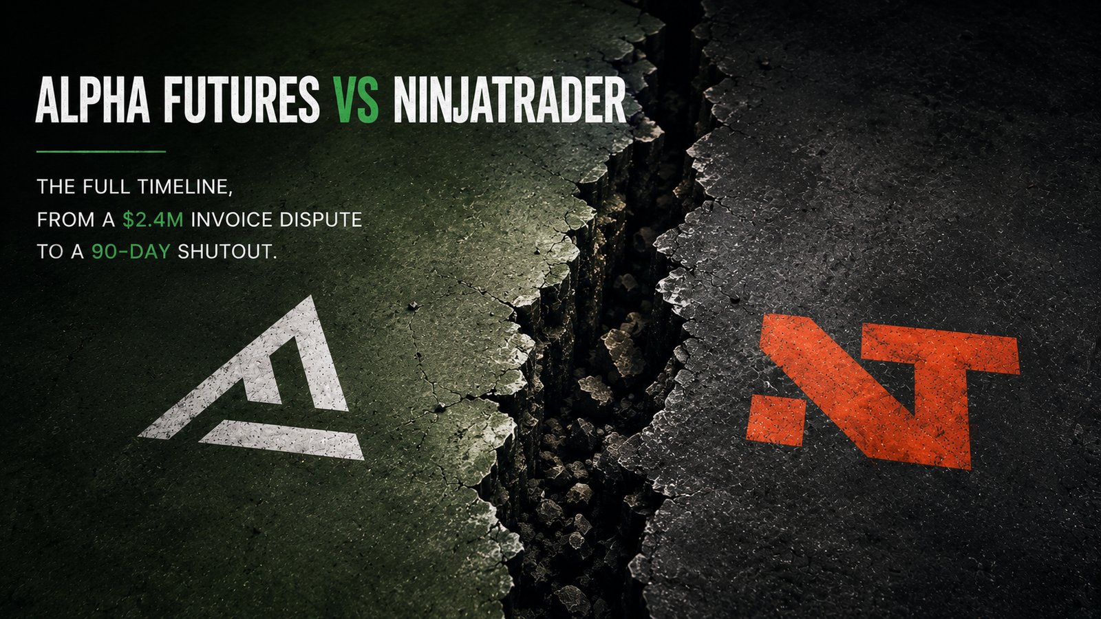 Illustration of a trading platform partnership splitting apart, representing the Alpha Futures and NinjaTrader termination in July 2026.