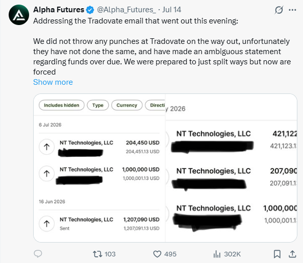 Screenshot of Alpha Futures' July 14, 2026 public response to the Tradovate email, including posted payment records showing transfers to NT Technologies, LLC.