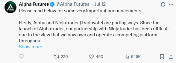 Screenshot of Alpha Futures' official statement on X, July 12, 2026, announcing the end of its partnership with NinjaTrader and Tradovate.