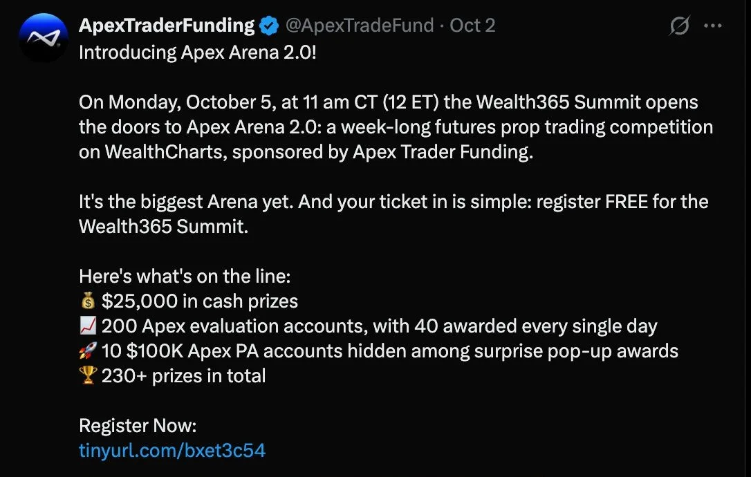 Screenshot of Apex Trader Funding's post on X dated 2 October 2026 announcing Apex Arena 2.0, with a 5 October 11 am CT start, $25,000 in cash prizes, 200 evaluation accounts, ten $100K PA accounts and 230+ prizes in total.