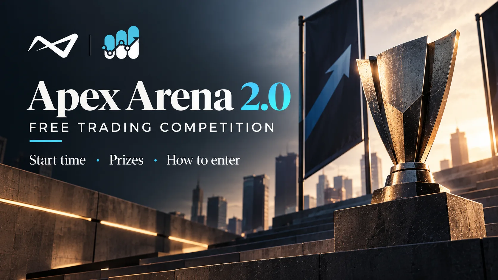Illustration of a trading leaderboard with a trophy and a countdown clock, representing the Apex Arena 2.0 competition at the Wealth365 Summit in October 2026.