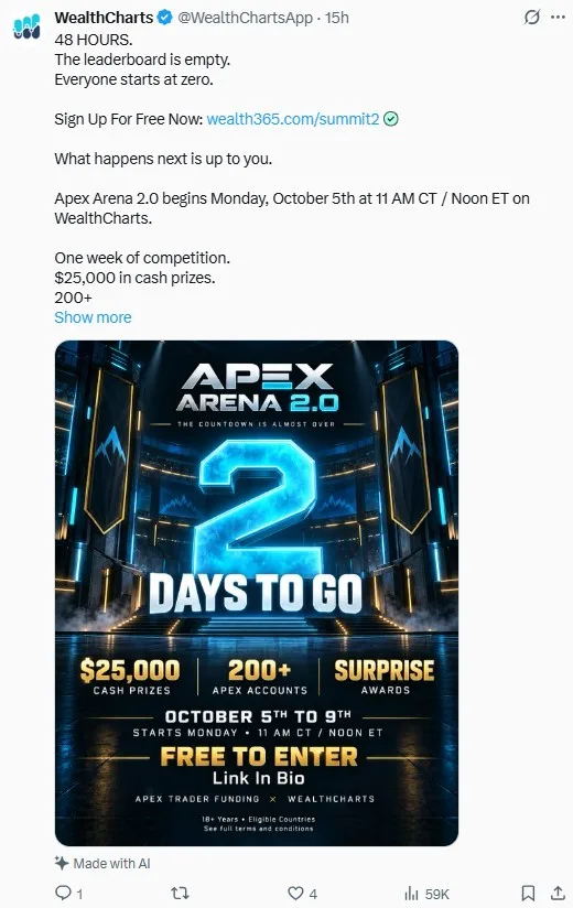 Screenshot of WealthCharts' countdown post on X for Apex Arena 2.0, with a graphic showing 2 days to go, $25,000 cash prizes, 200+ Apex accounts, surprise awards, 5 to 9 October, free to enter, and 18+ eligible countries.