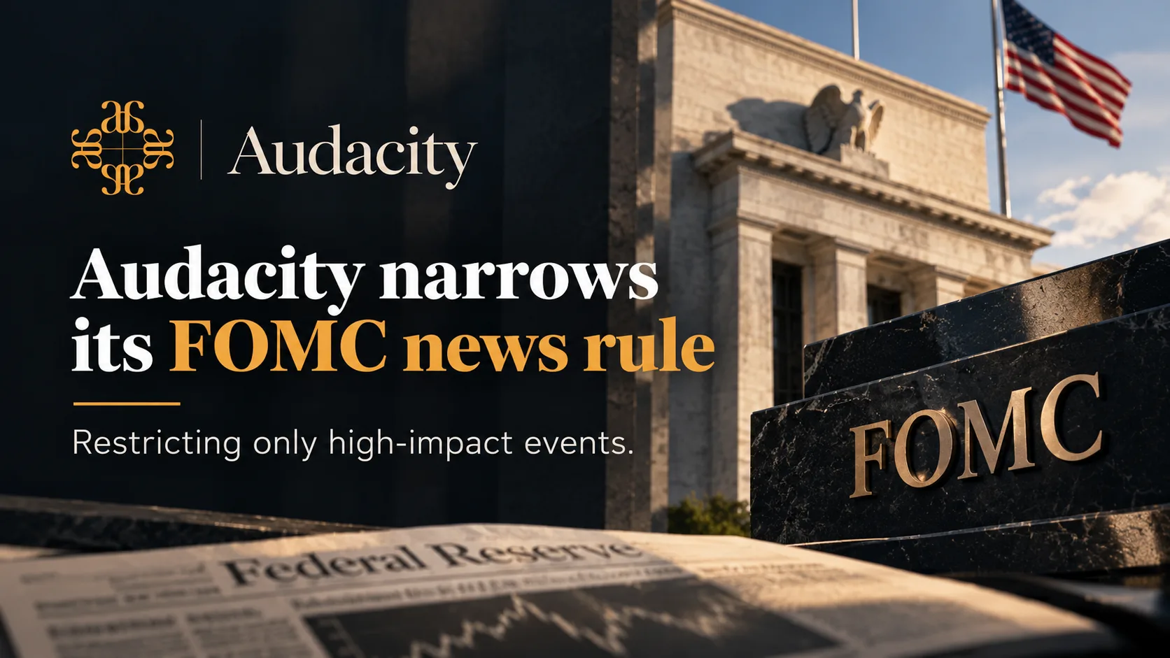 Illustration of an FOMC calendar entry with only the high-impact marker highlighted, representing Audacity's narrowed news-trading restriction.