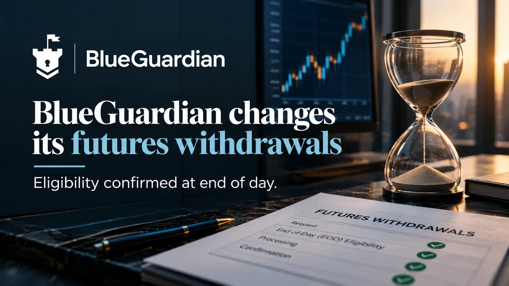 Illustration of an end-of-day clock unlocking a withdrawal button on a futures dashboard, representing BlueGuardian's updated futures payout process.
