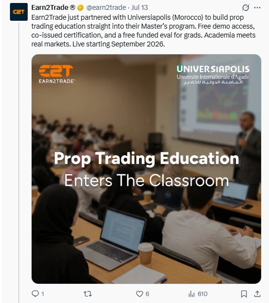 Screenshot of Earn2Trade's official X post from July 13, 2026, announcing its partnership with Universiapolis in Morocco.
