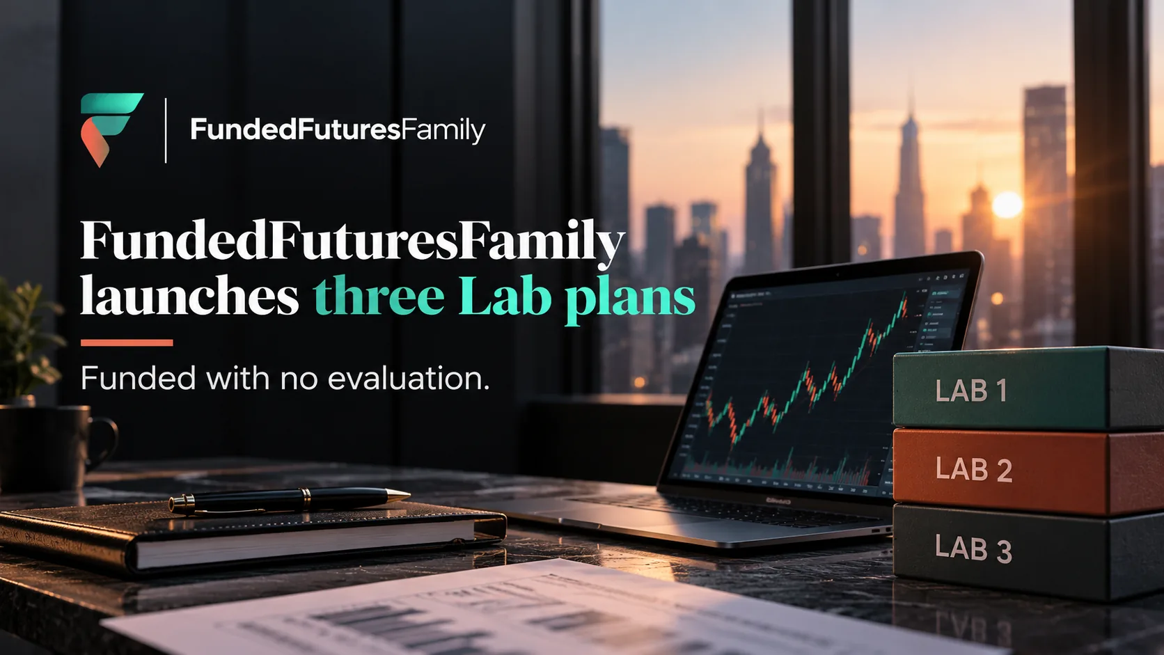 Illustration of three account cards labelled Sniper, Accelerate and Payday skipping an evaluation gate, representing FundedFuturesFamily's Lab plans.