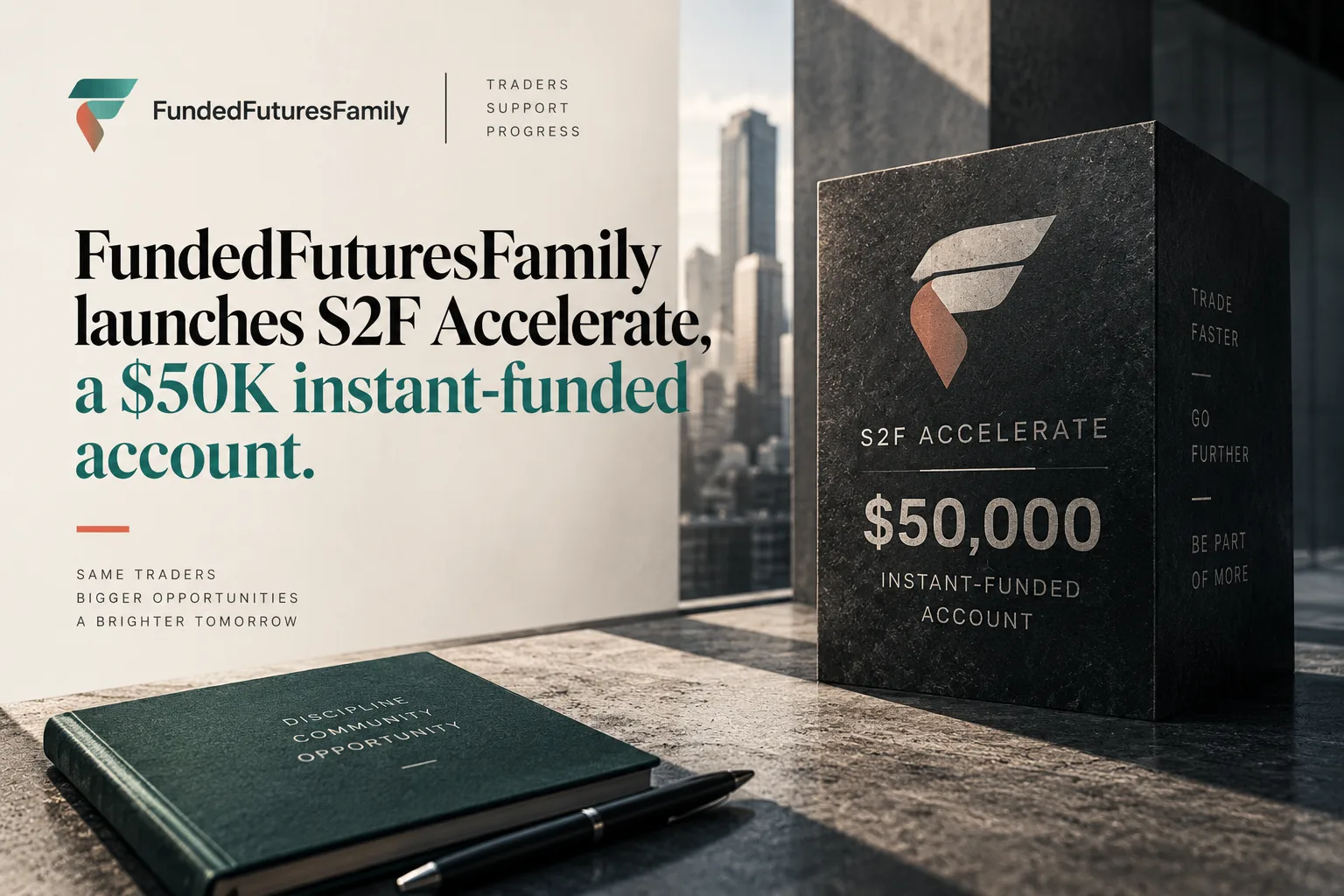 Illustration of a futures account unlocking instantly with a fast-forward icon, representing FundedFuturesFamily's S2F Accelerate launch.