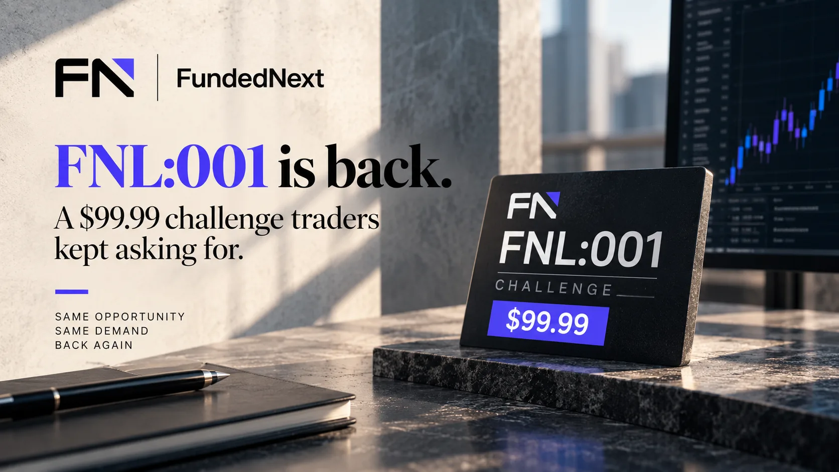 Illustration representing a returning affordable trading challenge offer.