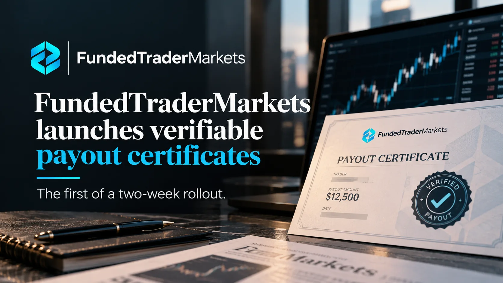 Illustration of a payout certificate with a barcode and a verification checkmark, representing FundedTraderMarkets' verifiable payout certificates.