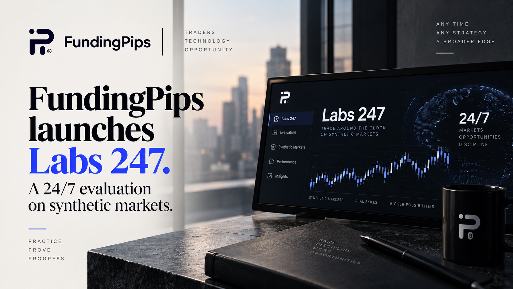Illustration of a trading dashboard clock showing 24/7 with synthetic market chart lines, representing FundingPips' Labs 247 launch.