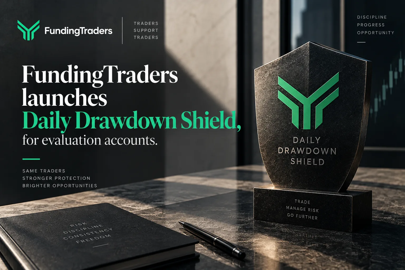 Illustration of a shield icon deflecting a single red warning strike on a trading account, representing FundingTraders' Daily Drawdown Shield add-on.
