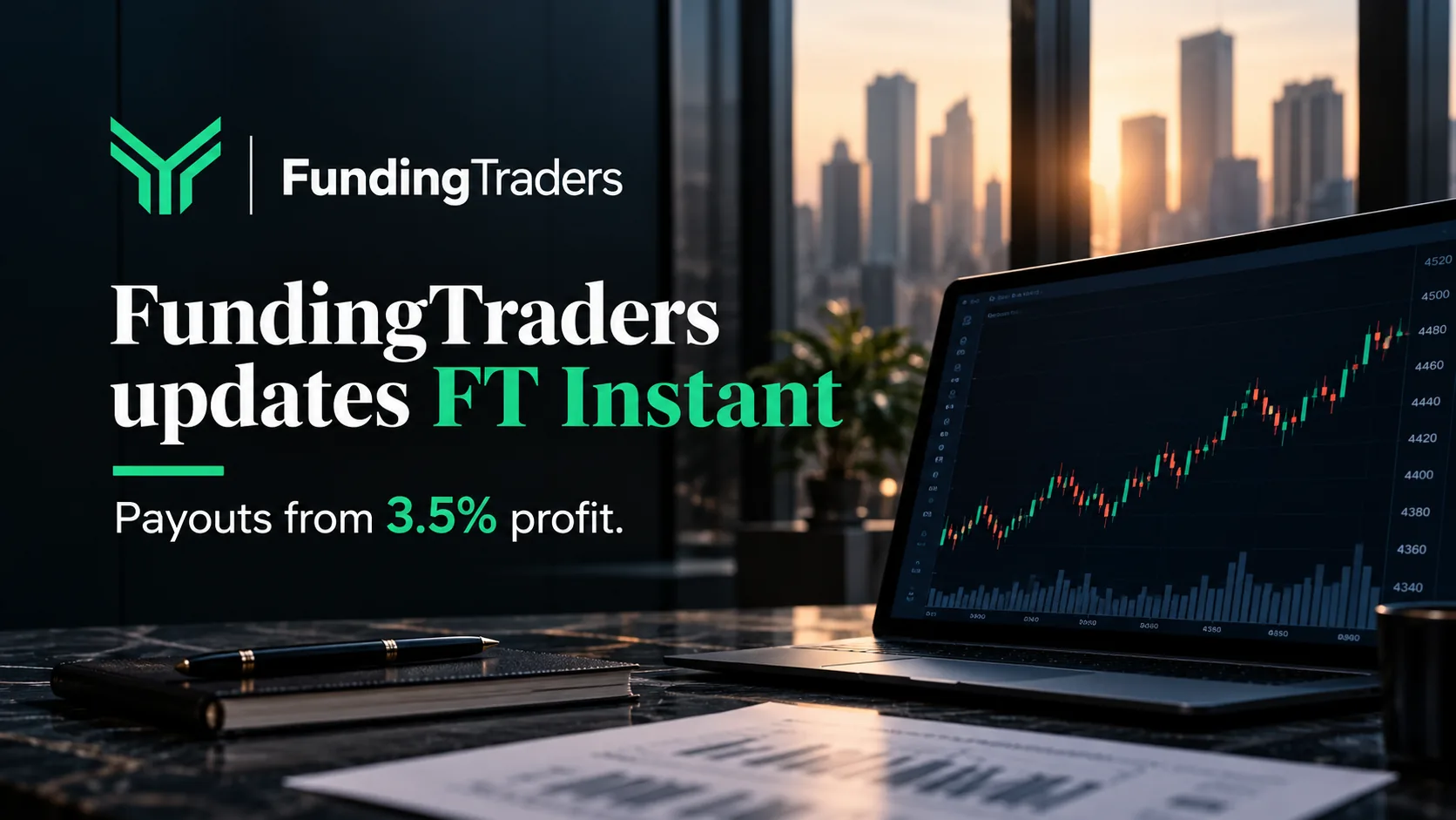 Illustration of an instant account with a payout button unlocking at a 3.5 percent profit marker, representing FundingTraders' FT Instant rule changes.