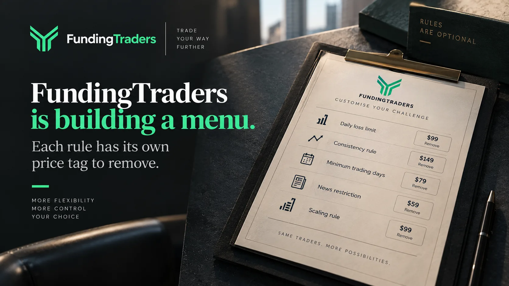 Illustration representing an optional add-on removing a trading rule restriction.