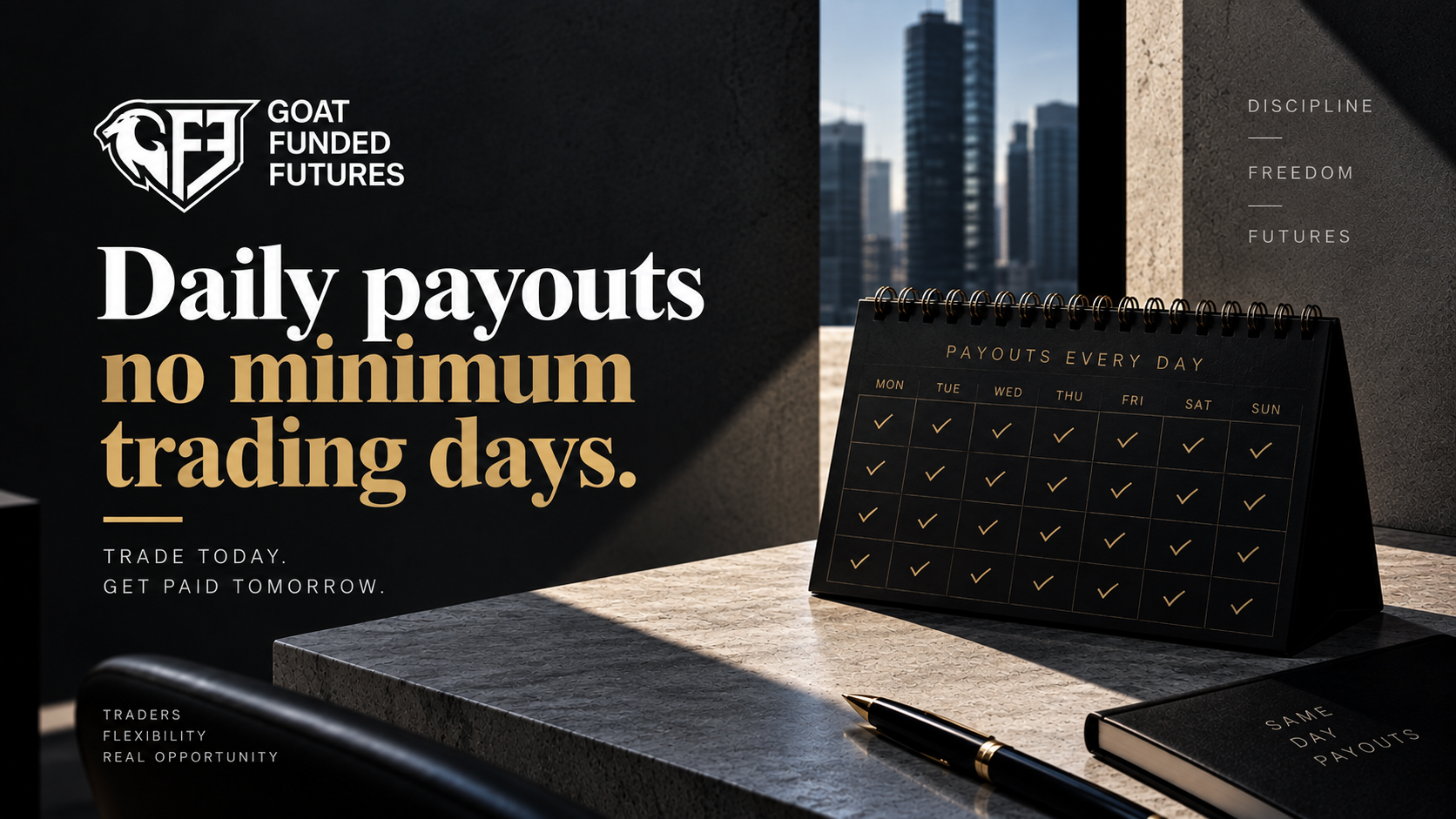 Illustration of a calendar with a payout icon on every day, representing GoatFundedFutures' new Daily Payouts Plan announced September 2026.