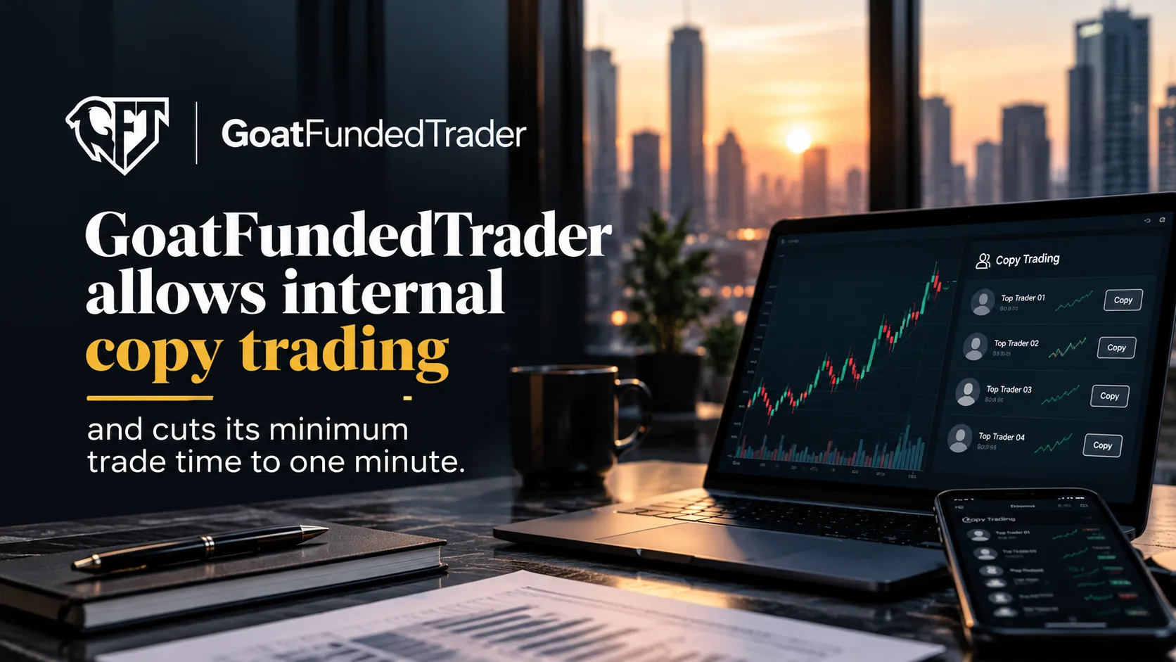Illustration of trades mirrored between a user's own evaluation and funded accounts with a one-minute timer, representing GoatFundedTrader's rule update.