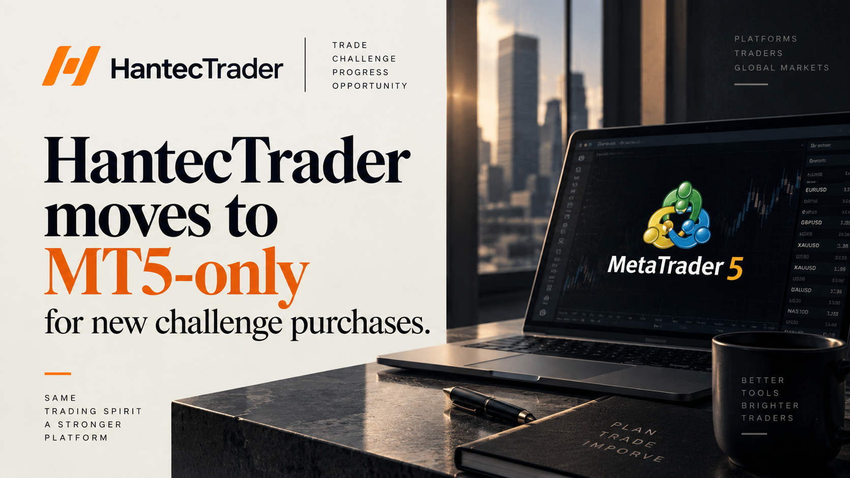Illustration of an MT4 platform icon fading out while an MT5 icon takes its place on a new-purchase screen, representing HantecTrader's platform shift.
