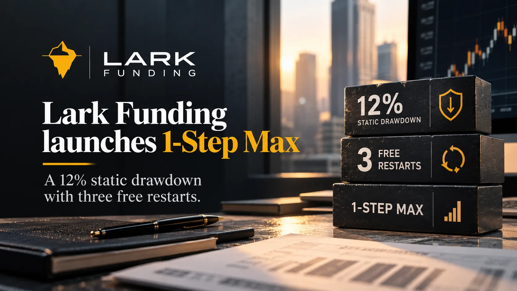 Illustration of a wide static drawdown bar with three restart arrows, representing Lark Funding's 1-Step Max evaluation launch.