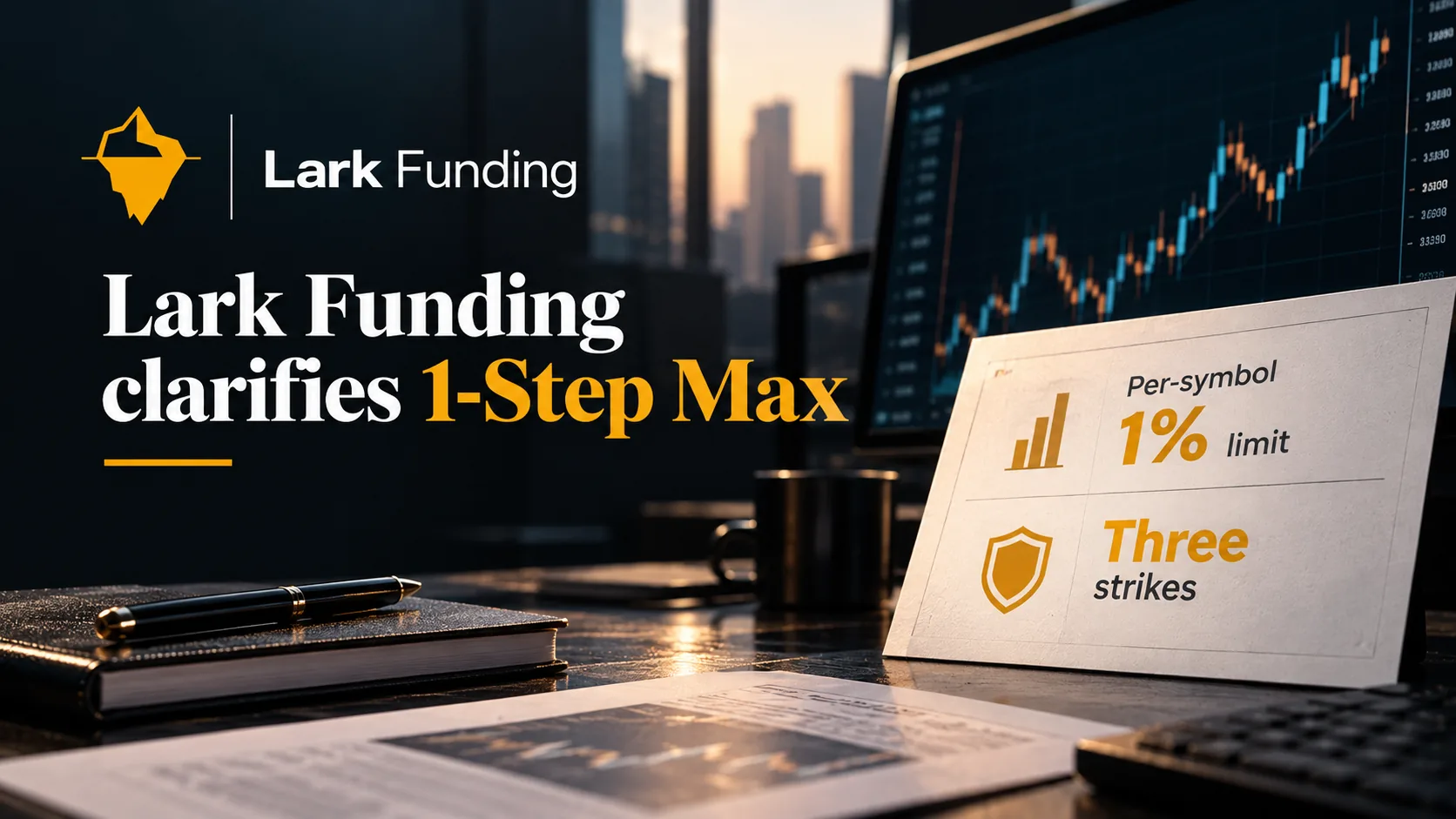 Illustration of three strike markers beside a per-symbol risk gauge, representing Lark Funding's clarified 1-Step Max breach rules.