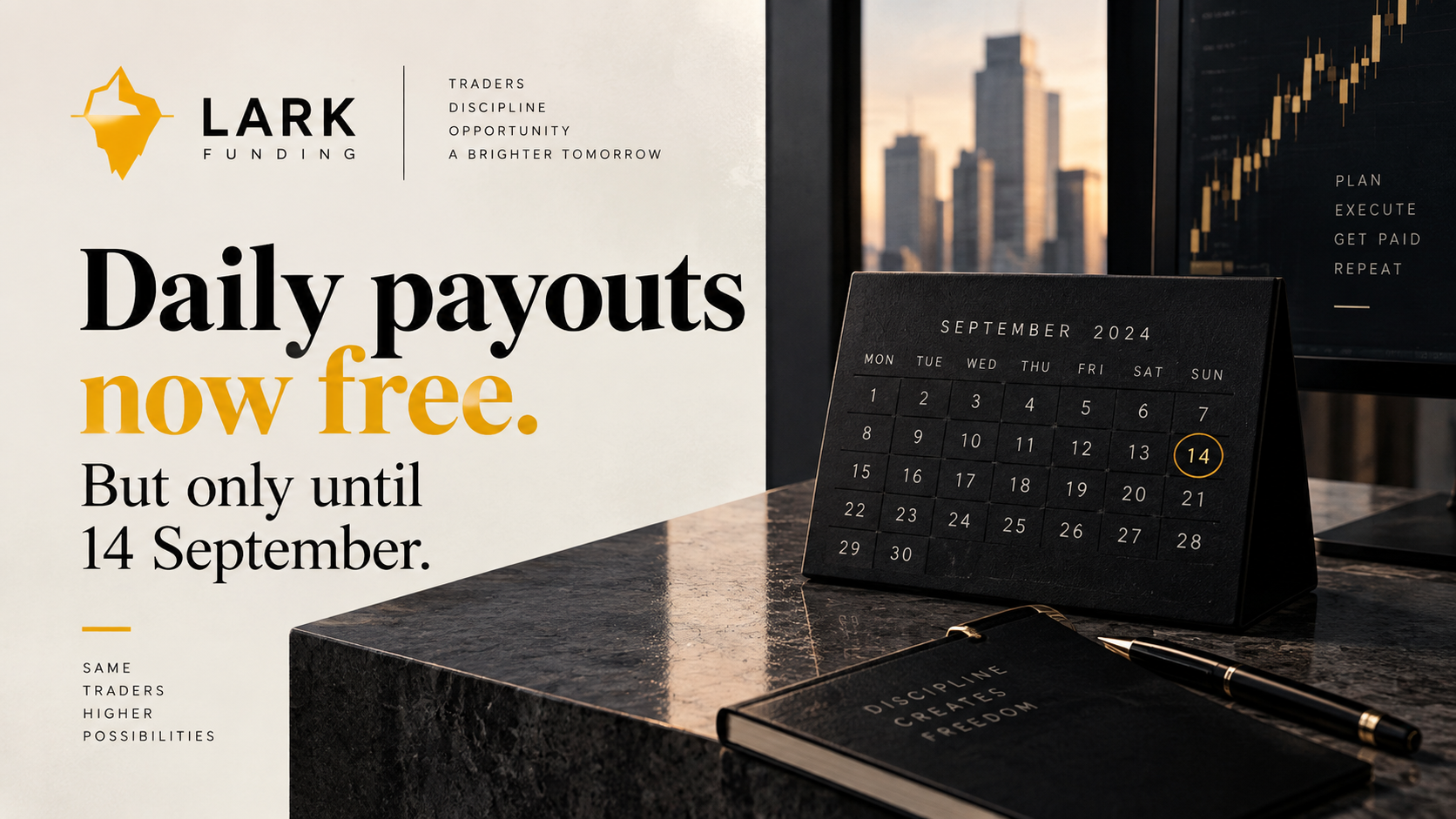 Illustration of a payout icon with a limited-time countdown badge, representing Lark Funding's temporary free daily payouts promotion.