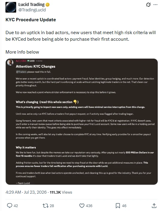 Screenshot of Lucid Trading's official X post from July 23, 2026, containing a statement from CEO AJ announcing stricter KYC requirements for high-risk new users.