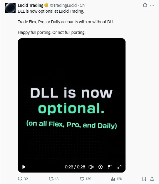 Screenshot of Lucid Trading's official X post confirming DLL is now optional on Flex, Pro, and Daily accounts.