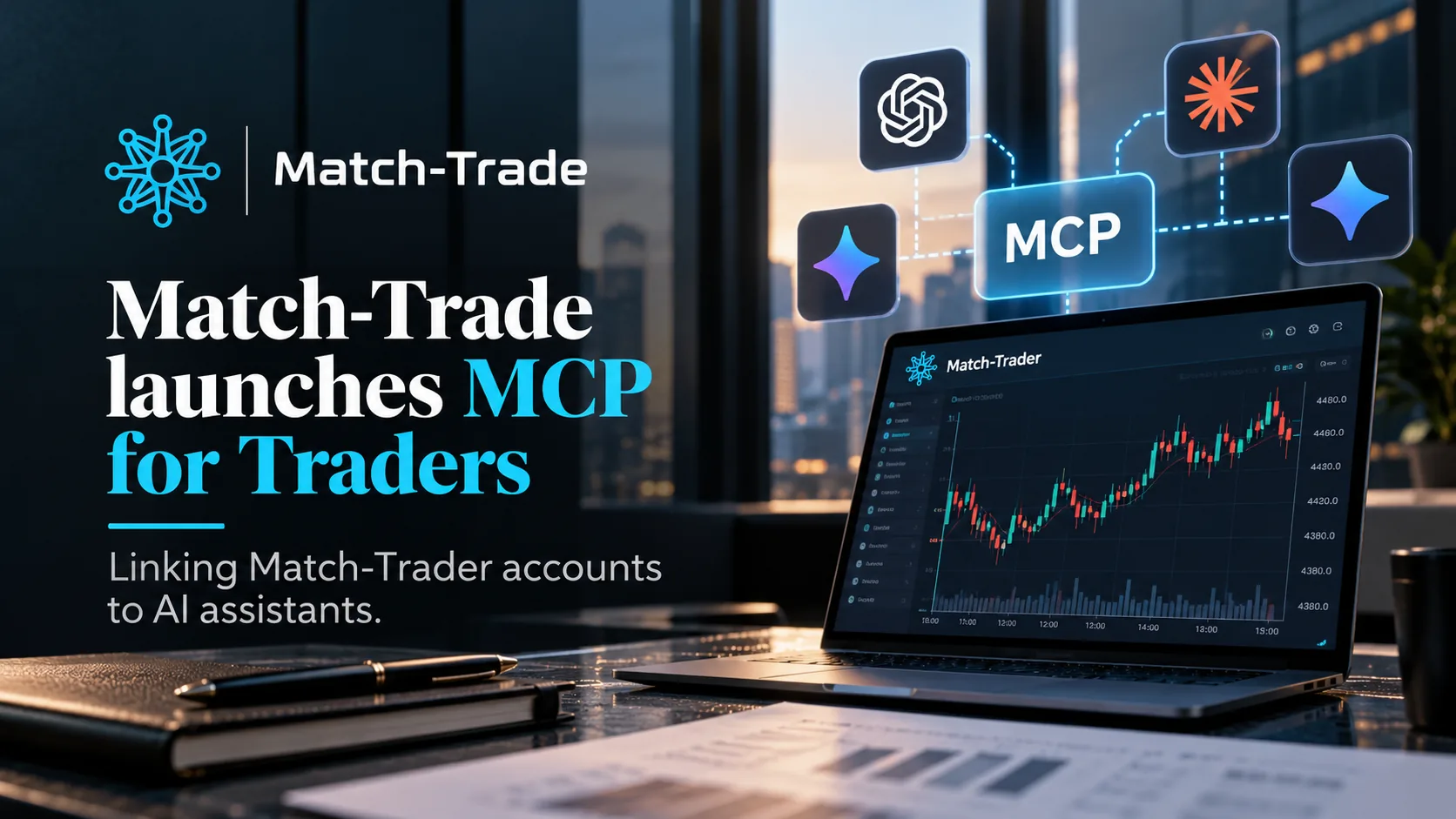 Illustration of an AI assistant chat window connected to a trading account by a permission token, representing the Match-Trader MCP for Traders launch.