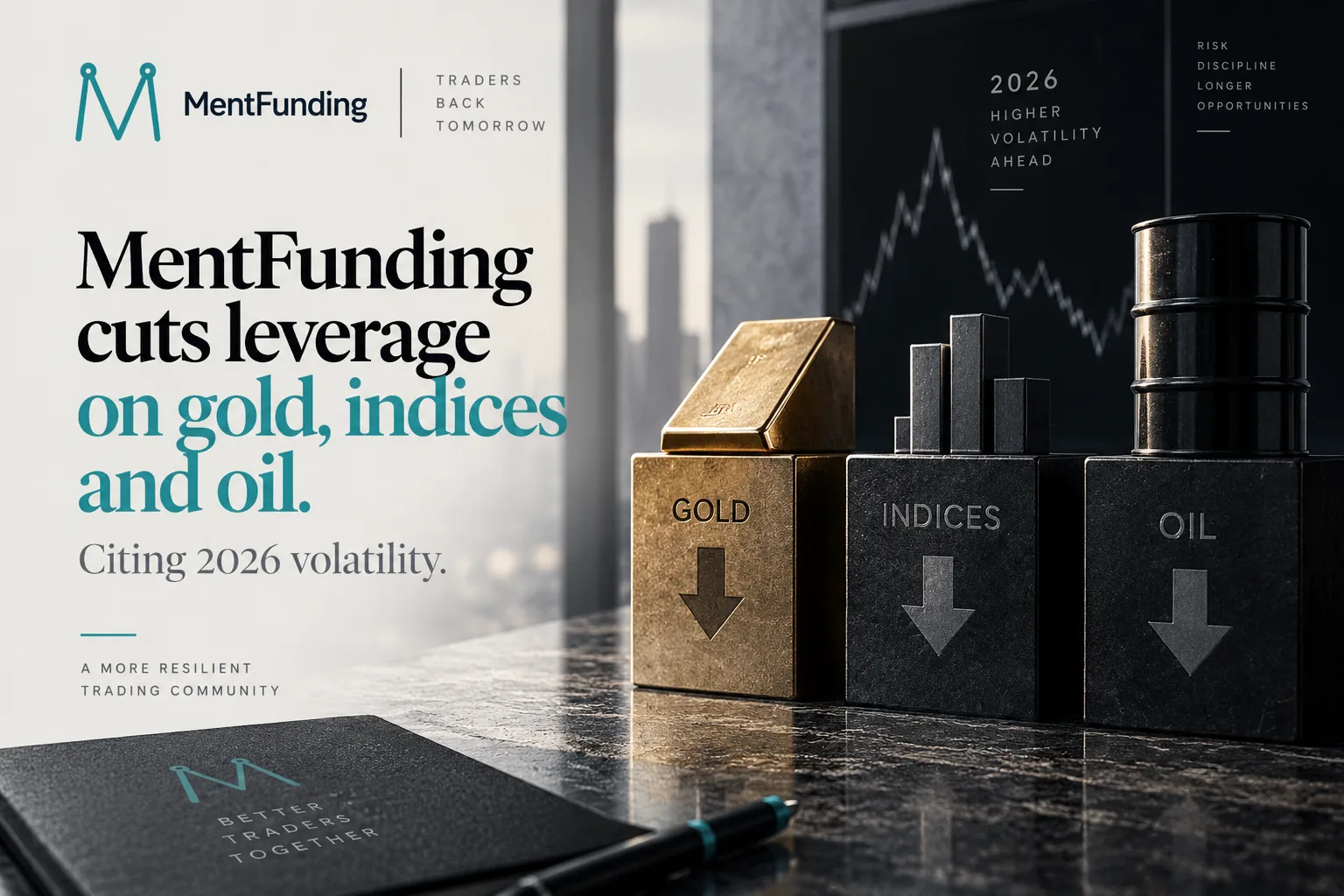 Illustration of a leverage dial being turned down next to gold, indices and oil icons, representing MentFunding's 2026 volatility-driven leverage cut.