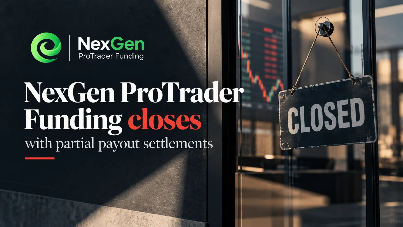 Illustration of a closed shutter over a trading dashboard with a partial payout stub, representing Nexgen ProTrader Funding's announced closure in October 2026.