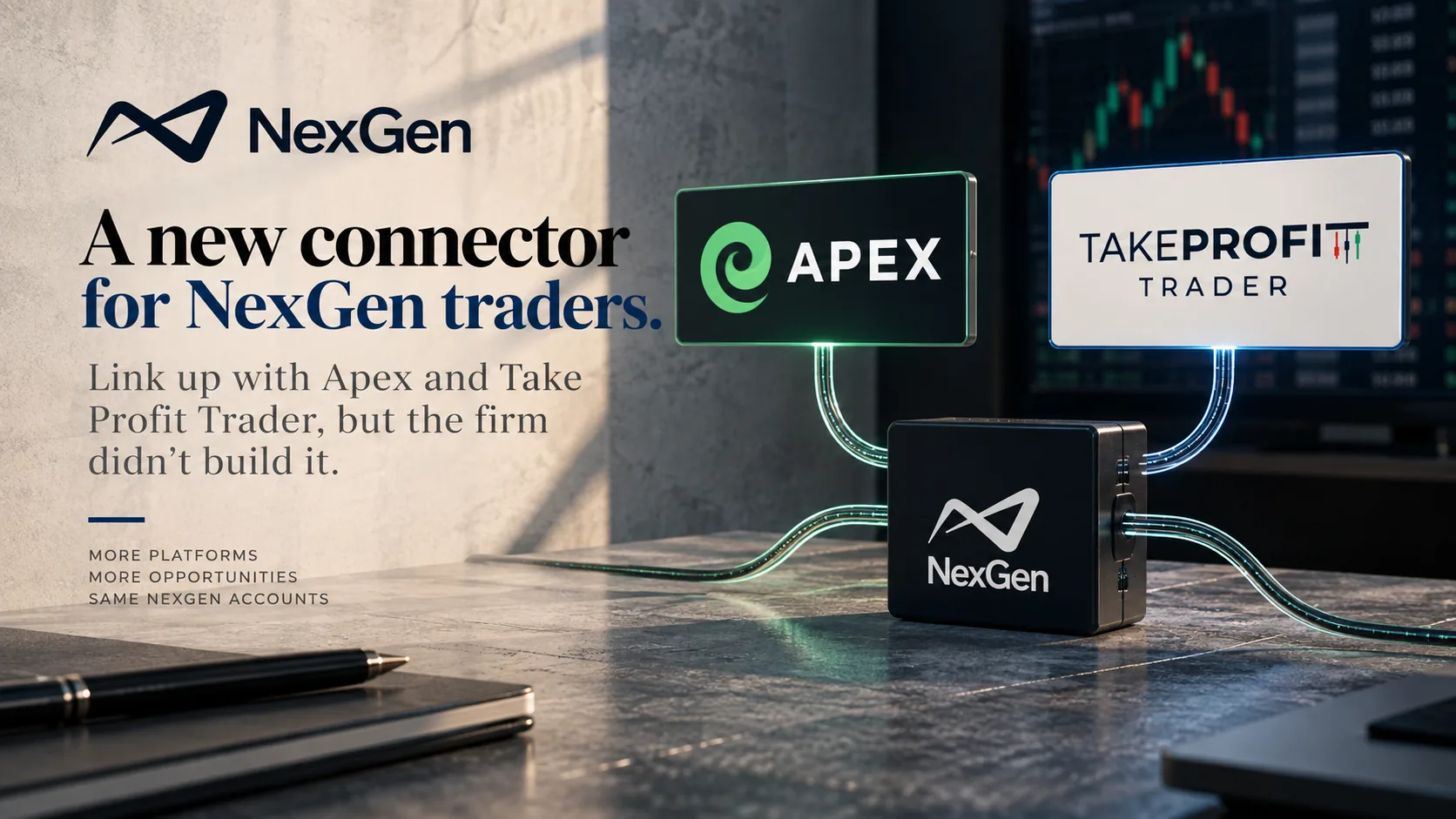 Illustration representing a trading platform connector linking multiple funded accounts.