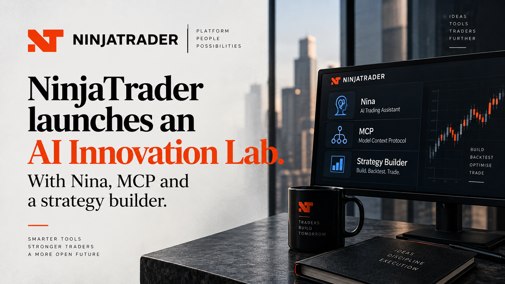 Illustration of an AI assistant icon connected by a network line to a futures trading dashboard, representing NinjaTrader's new AI Innovation Lab.