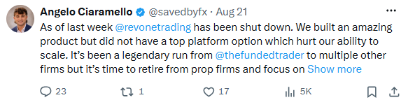 Screenshot of Angelo Ciaramello's official X post confirming Rev One Trading has been shut down.