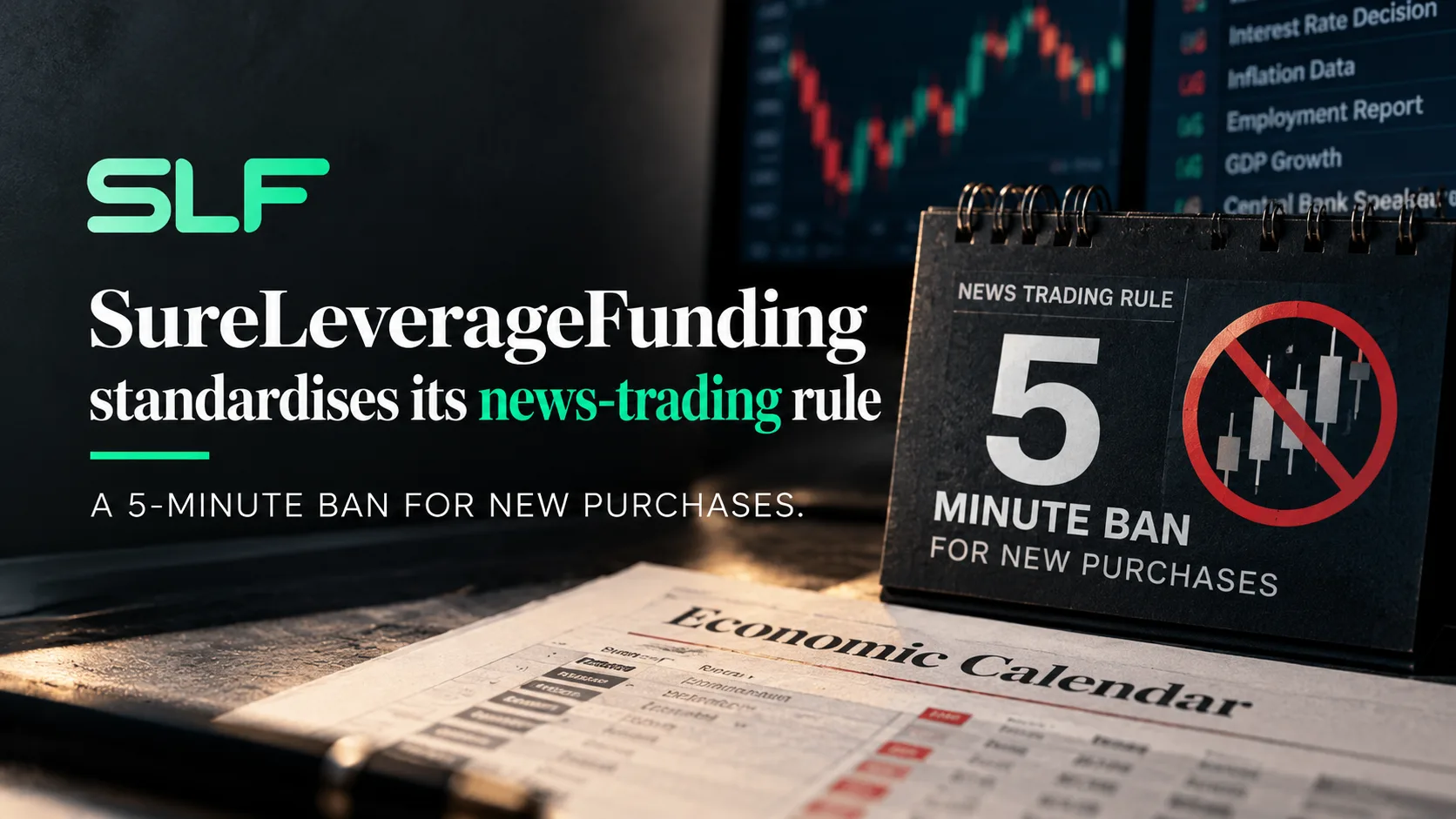 Illustration of an economic calendar event with a five-minute exclusion window around it, representing SureLeverageFunding's new news-trading rule.