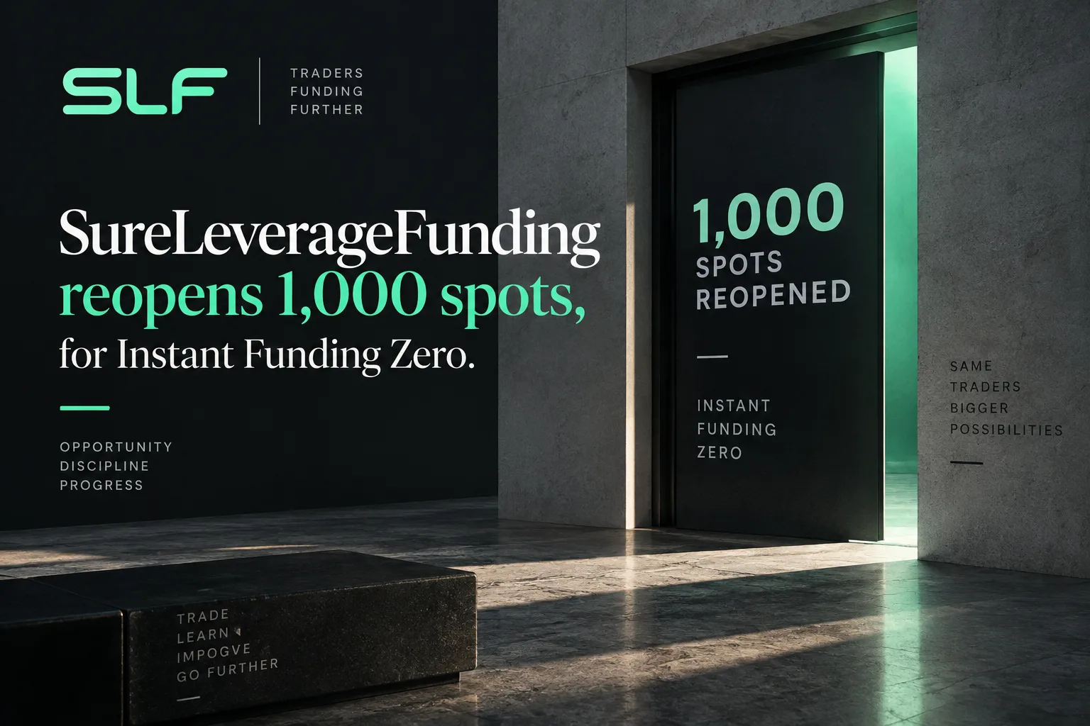 Illustration of a sold-out sign flipping back to open on a funded account door, representing SureLeverageFunding reopening its Instant Funding Zero spots.