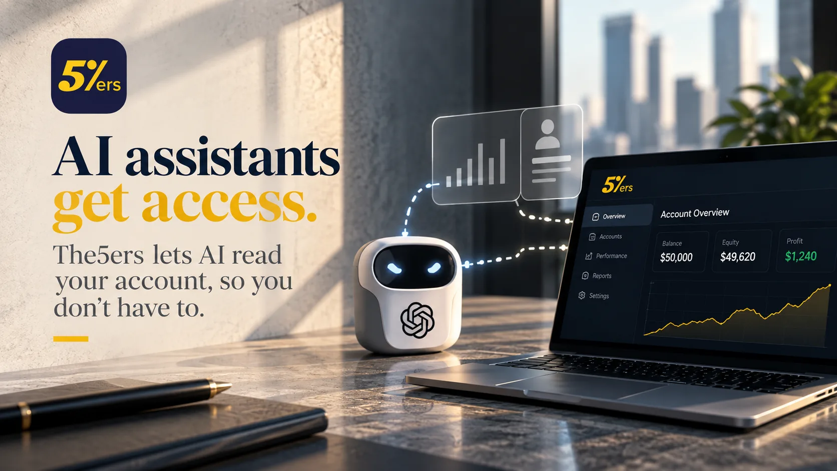 Illustration representing an AI assistant connected to a live trading account dashboard.