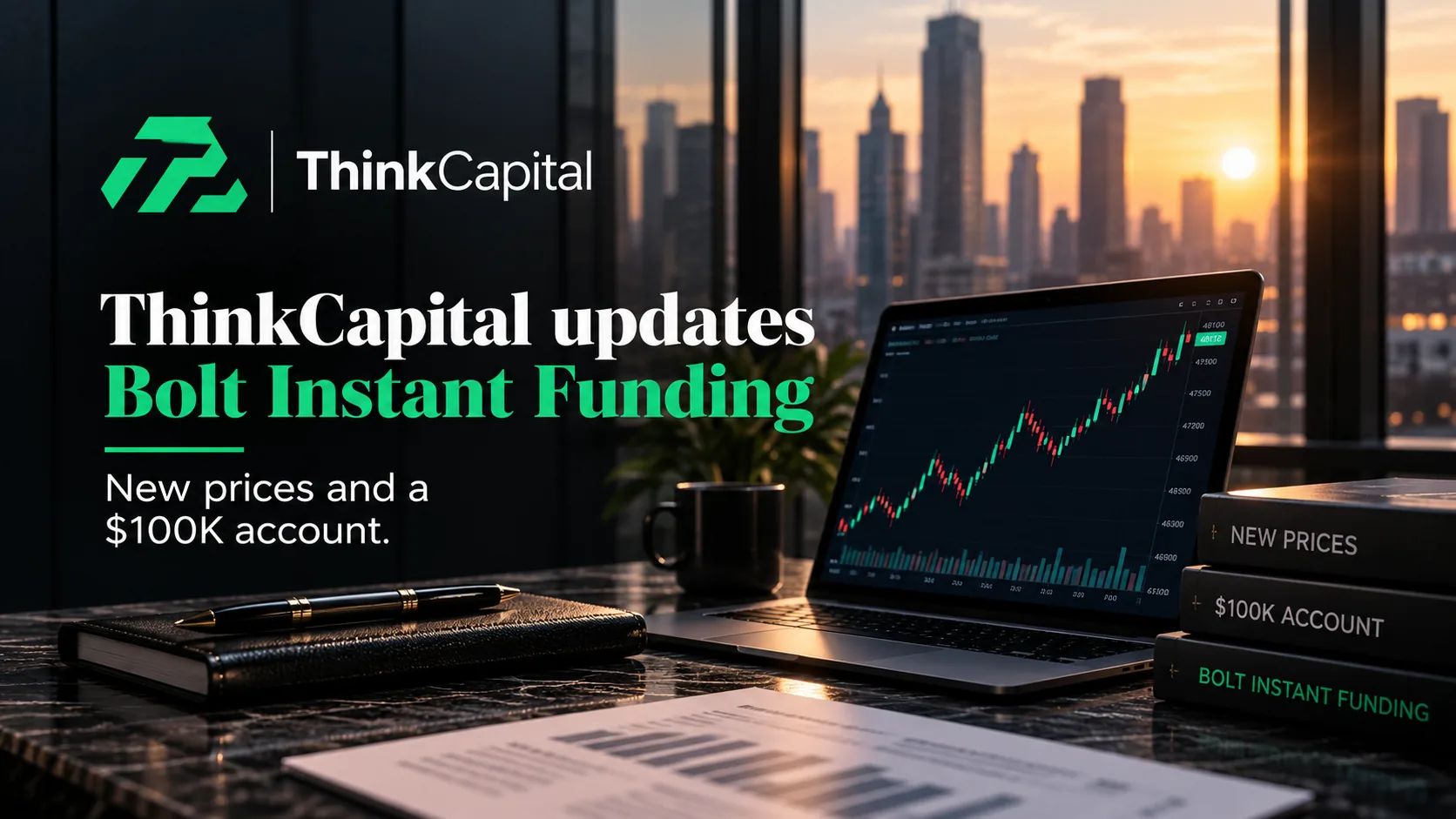 Illustration of a price ladder with a new top rung and three optional add-on tags, representing ThinkCapital's Bolt Instant Funding update.