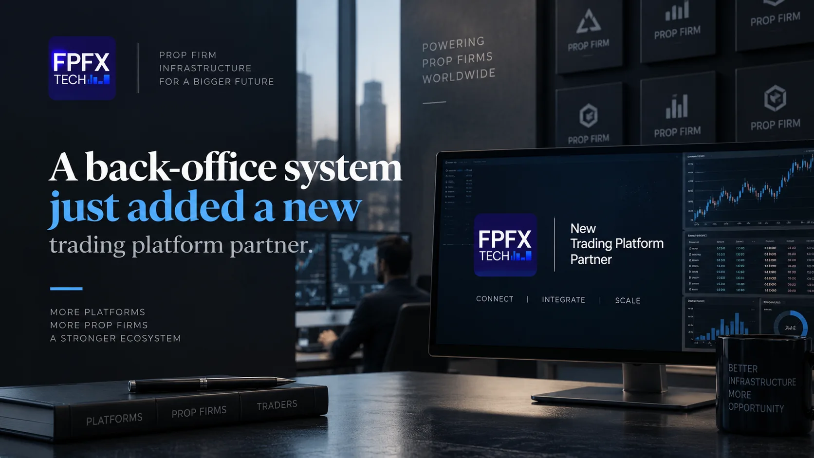 Illustration representing back-office trading infrastructure powering multiple prop firms.
