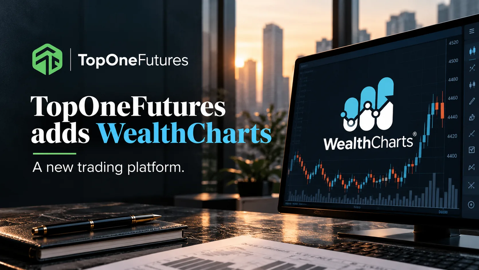 Illustration of a charting platform window with a scanner panel and copy-trading icon connecting to a futures account, representing TopOneFutures adding WealthCharts.