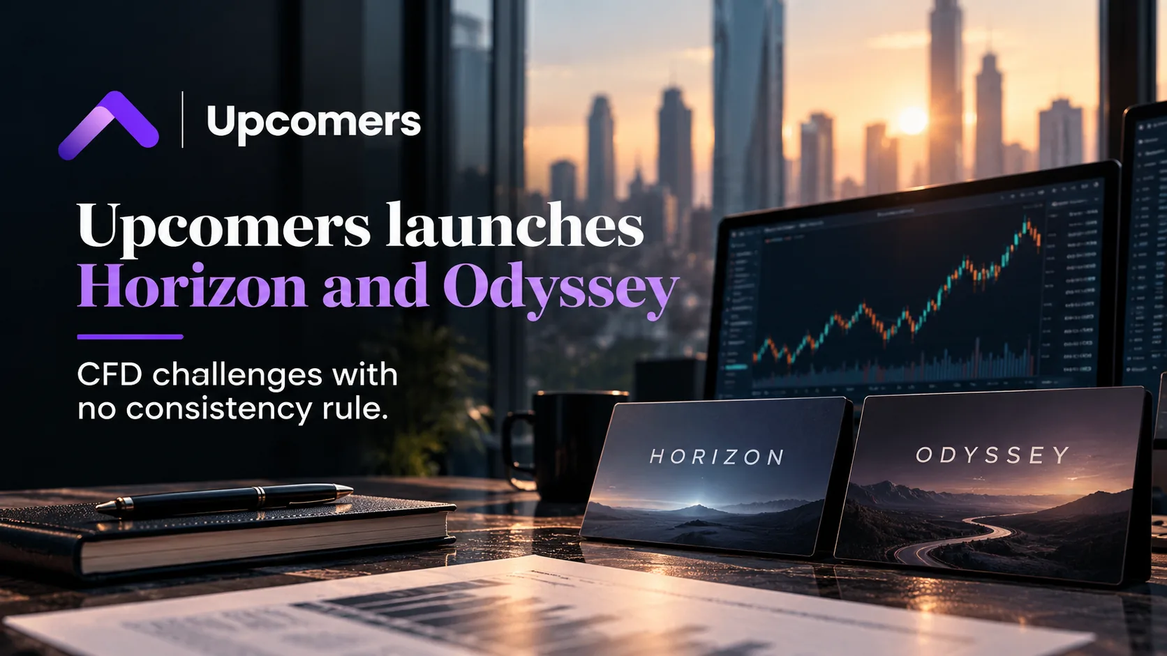 Illustration of two evaluation paths, one step and two steps, with a rising risk shield line, representing Upcomers' Horizon and Odyssey challenges.