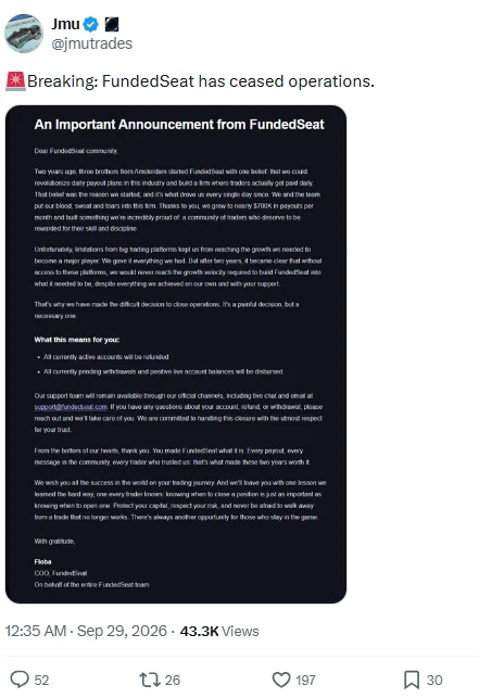 Screenshot of FundedSeat's official closure statement to its community.