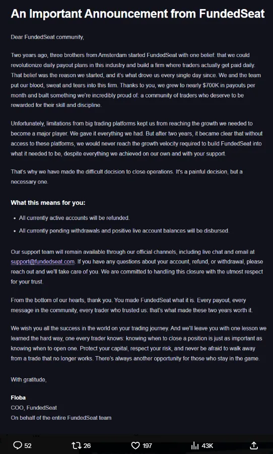 Screenshot of the Jmu Trades X post sharing FundedSeat's closure announcement.